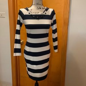 Juicy Couture Sheath Navy & White Zip up in back dress. Great beaded neckline